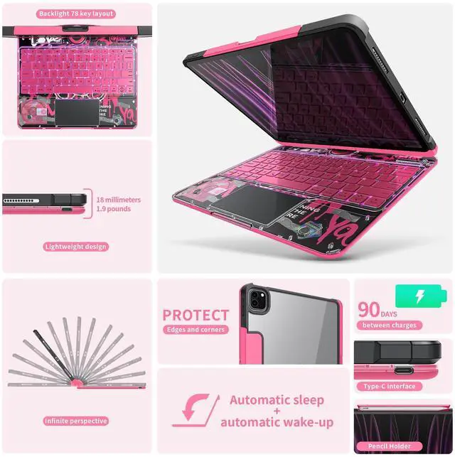 Alt view image 4 of 5 - molosicars Keyboard Case with Pencil Holder for iPad Air 13-inch (M3/M2, 2025/2024), 360 Rotating Multi-Touch Trackpad & 7-Color Backlit Wireless Keyboard Transparent Pink