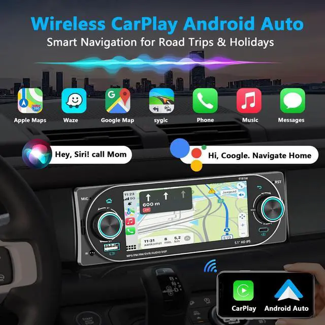 Alt view image 2 of 5 - Single DIN Radio Car Stereo Wireless Apple CarplayDual Knobs & HD Touchscreen Radio for Car Bluetooth 6.0 Car Play Android Auto, 60W x 4 Output, AM/FM RadioUSB,SWC, Backup Camera (Black)