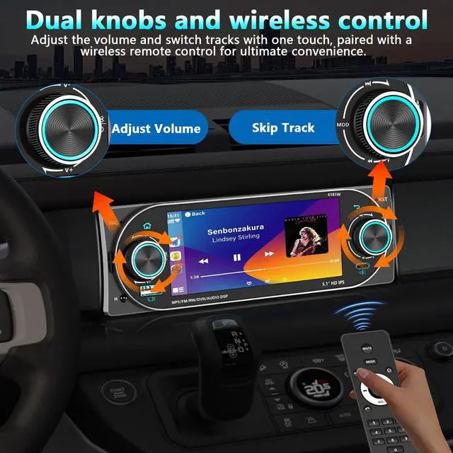 Alt view image 3 of 5 - Single DIN Radio Car Stereo Wireless Apple CarplayDual Knobs & HD Touchscreen Radio for Car Bluetooth 6.0 Car Play Android Auto, 60W x 4 Output, AM/FM RadioUSB,SWC, Backup Camera (Black)