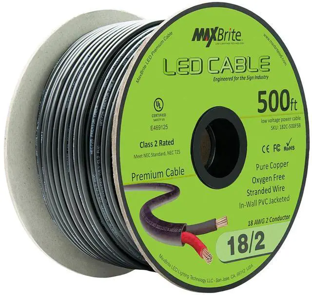 Alt view image 2 of 3 - MaxBrite - 500 ft. 18AWG Low Voltage LED Cable 2 Conductor Black Sleeve in-Wall Speaker Wire UL/cUL Class 2