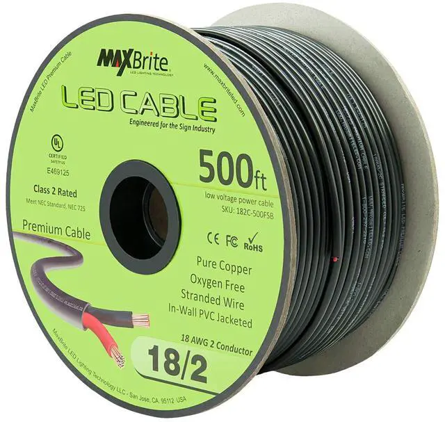 Main image of MaxBrite - 500 ft. 18AWG Low Voltage LED Cable 2 Conductor Black Sleeve in-Wall Speaker Wire UL/cUL Class 2