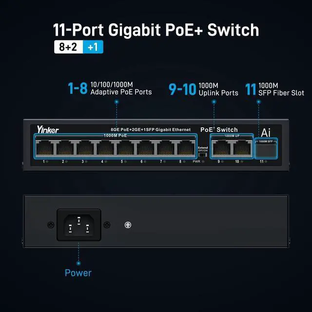 Alt view image 3 of 5 - Yinker POE Network Switch 10 Ports + 1 SFP
