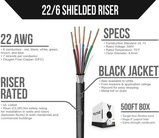 Alt view image 2 of 5 - Voltive 22/6 Shielded Low Voltage Wire, Riser CL3R, Black, 500ft - 22AWG, 6 Conductors, Overall Shield, Stranded Bare Copper, UL Listed - V-1284-2