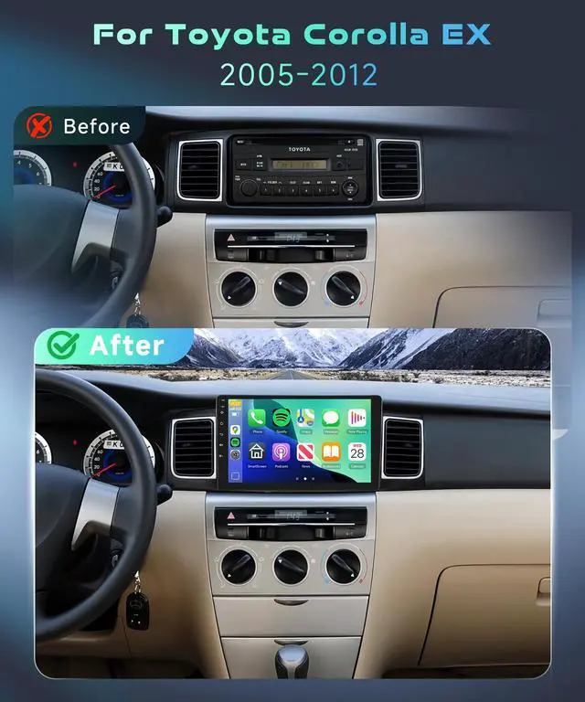 Alt view image 2 of 5 - 8Core 4G+64G for Toyota Corolla EX 2005-2012 Car Stereo Radio with Snapdragon Chip,9Inch 1280x720P IPS Touchscreen Wireless Carplay/Android Auto DSP Hi-Res 5/6GhzWiFi GPS Android 15 FM/RDS SWC