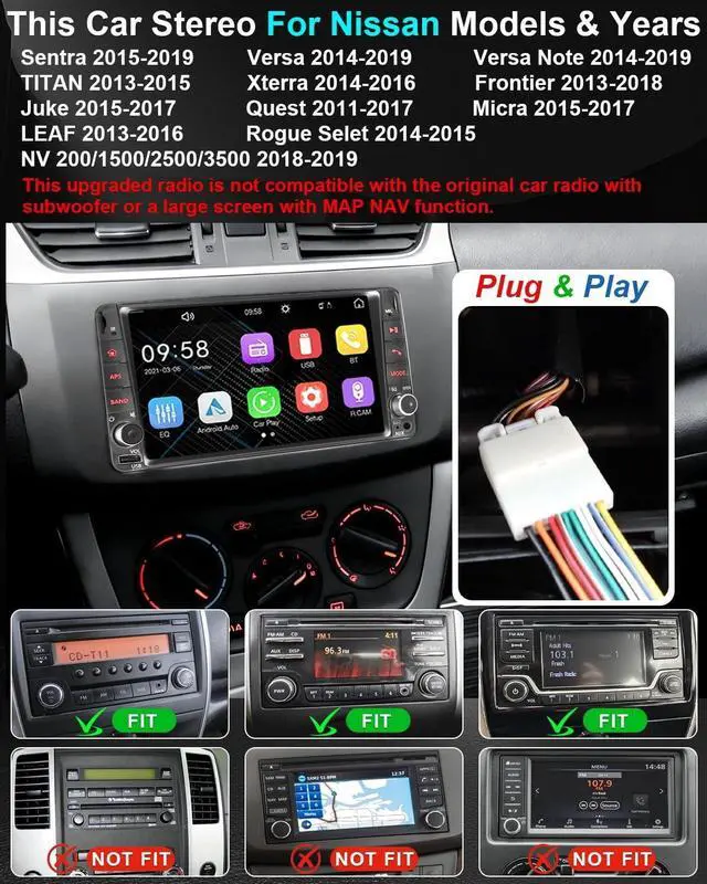 Alt view image 2 of 5 - Plug & Play Car Radio Stereo for Nissan Rogue Selet 2014-2015/Sentra 2015-2019/Versa 2014-2019/Versa Note 2014-2019/Quest 2011-2017/TITAN 2013-2015 W/Carplay Android Auto Touchscreen Bluetooth AM/FM