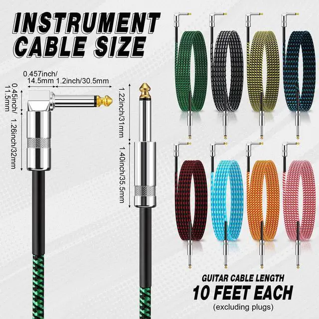 Alt view image 2 of 5 - Rigibright 8 Pack 10FT Instrument Cable - Guitar, Bass, Keyboard, Microphone & Mixer Amp Cord (8, Multicolored, 10 Feet)