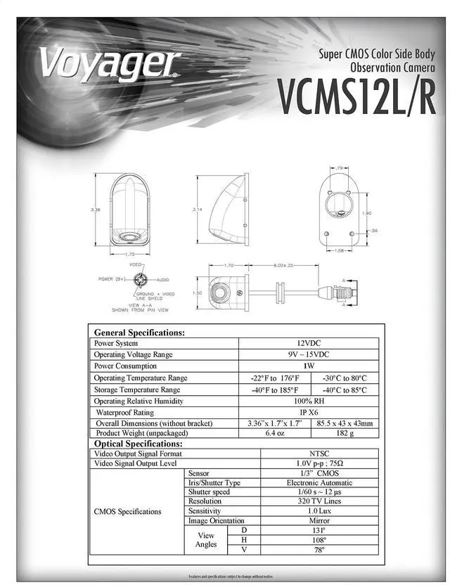 Alt view image 3 of 3 - Voyager VCMS12LGPR Model VCMS12L Super CMOS Color Side Body Camera for Vehicles Left Side with Rubber Lens Cover, Waterproof (IPX6), Zinc Alloy Housing in Gray Color, Replaces VCMS36 and VCCSID
