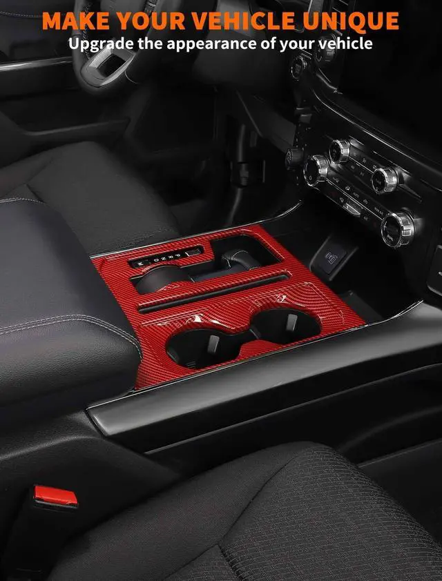 Alt view image 2 of 5 - Savadicar Red Carbon Fiber Interior Accessories - Floor Console Gear Shift & Cup Holder Panel Trim Cover for Ford F150 (2021-present) - Premium Texture Interior Decor Upgrade Option, 1 PC