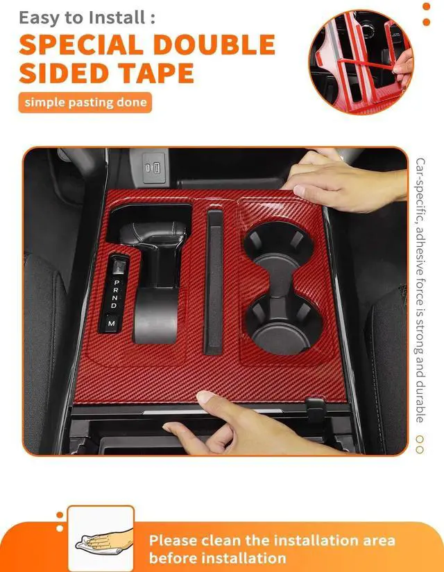 Alt view image 4 of 5 - Savadicar Red Carbon Fiber Interior Accessories - Floor Console Gear Shift & Cup Holder Panel Trim Cover for Ford F150 (2021-present) - Premium Texture Interior Decor Upgrade Option, 1 PC