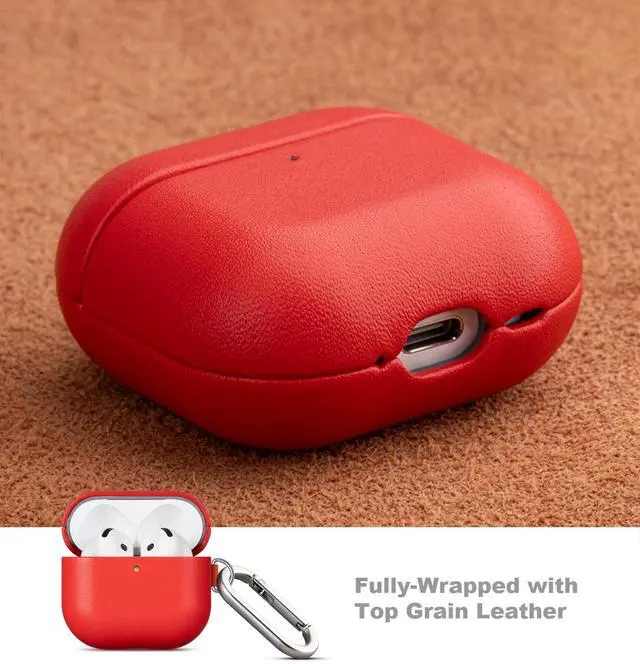 Alt view image 4 of 5 - LOPIE Handmade Case for AirPods 4 / AirPods 4 with Active Noise Cancellation Leather Case Clip & Cleaner Kit, Fully-Wrapped with Top Grain Leather, Protective Hard Shell Cover for Gen 4 Air Pods - Red