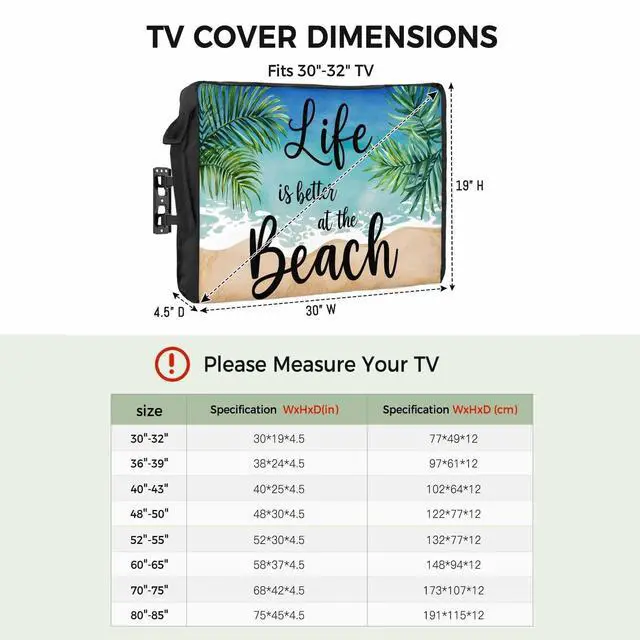 Alt view image 2 of 5 - Life Is Better at The Beach Outdoor TV Cover Waterproof Weatherproof, Palm Leaf Summer Television Covers for 30 to 32 Inch Outside TV Screen Protector Shield, 30"W x 19"H x 4.5"D