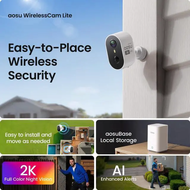 Alt view image 2 of 5 - aosu Wireless Outdoor Security Camera Kit with aosuBase Local Storage, 2K with 6X Zoom, 4-View Live, Cross-Camera Person Timeline, PIR + AI Human Detection, Color Night Vision, 4-Cam-Kit