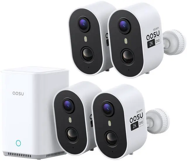 Main image of aosu Wireless Outdoor Security Camera Kit with aosuBase Local Storage, 2K with 6X Zoom, 4-View Live, Cross-Camera Person Timeline, PIR + AI Human Detection, Color Night Vision, 4-Cam-Kit
