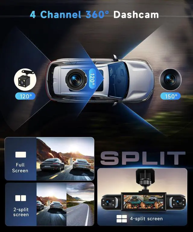 Alt view image 2 of 5 - Orderich 4 Channel 360 Dash Camera Front and Rear Inside Left Right, 3.16 Inch Dash Cam for Cars, Built-in Night Vision, Sensitive Motion Detection 24/7 Recording Parking Mode Monitor Reversing Help