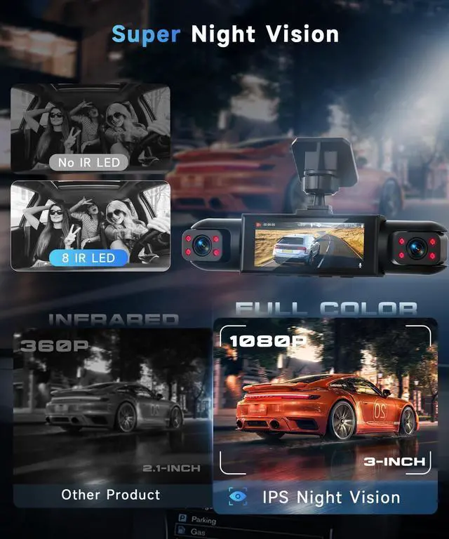 Alt view image 4 of 5 - Orderich 4 Channel 360 Dash Camera Front and Rear Inside Left Right, 3.16 Inch Dash Cam for Cars, Built-in Night Vision, Sensitive Motion Detection 24/7 Recording Parking Mode Monitor Reversing Help