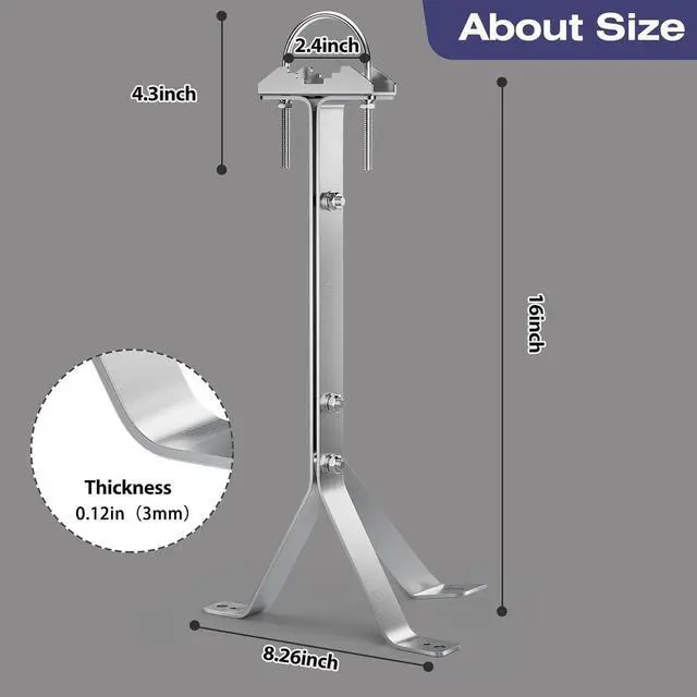 Alt view image 2 of 5 - 16 Inch SUS304 Stainless Steel Mast Wall Mount Clamp - Windproof Antenna Mounting Bracket for TV Mast