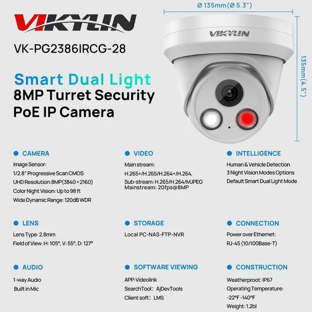 Alt view image 2 of 5 - VIKYLIN 4K 8MP PoE IP Camera Outdoor, Smart Dual Light with AI Color Night Vision, Human/Vehicle Detection, 2.8mm Lens Wide Angle, Full Metal Housing, Built-in Mic, 120dB WDR, IP67NDAA Compliant