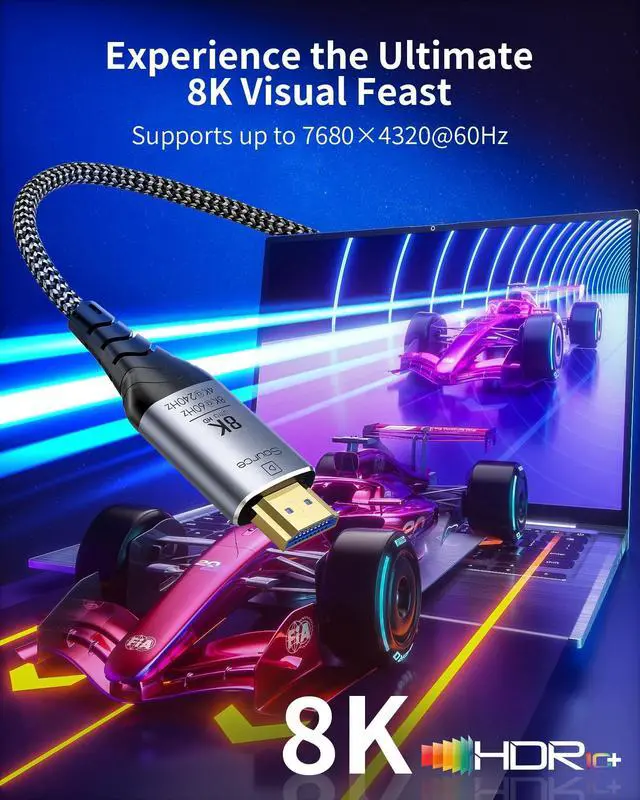 Alt view image 3 of 5 - Fiber Optic HDMI Cable 6ft, 8K Long Active HDMI 2.1 Cable 48Gbps Ultra High Speed Braided 8K@60Hz 4K@120Hz, Dynamic HDR, eARC, HDCP 2.2&2.3, 3D, for Laptop, PC, PS5, Xbox, HDTV, Projectorr, Monitor