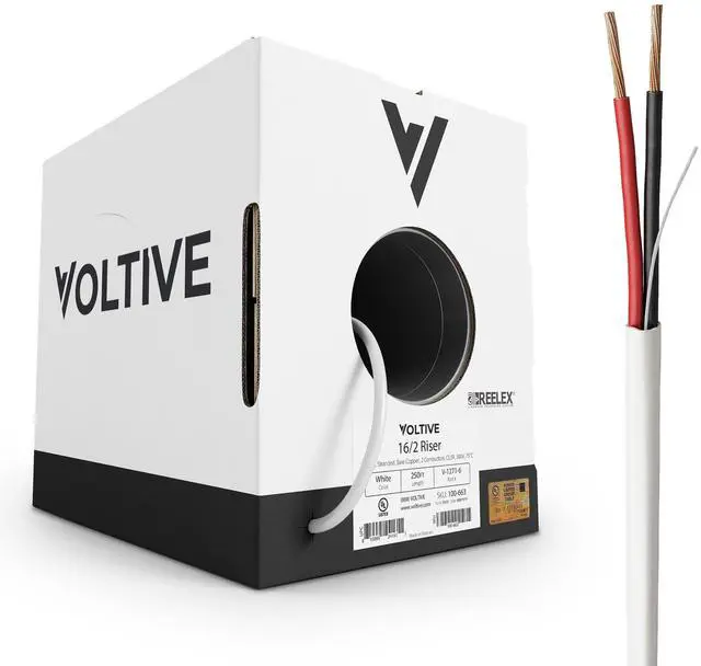 Main image of Voltive 16/2 Speaker Wire, Riser CL3R, White, 250ft - 16AWG, 2 Conductors, Stranded Oxygen-Free Copper, UL Listed - V-1271-6