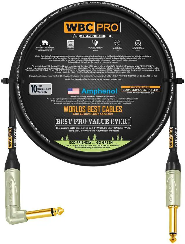 Main image of 2 Foot - WBC-PRO-Guitar 20 AWG - Low-Cap (18pF/ft) Pro-Grade Graphite-Based - Dual-Shielded Guitar, Bass, Instrument Cable with Amphenol QM2R-AU & QM2P-AU Inch (6.35mm) Gold TS Connectors