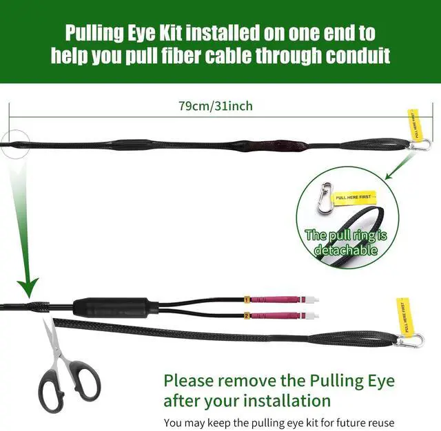 Alt view image 4 of 5 - 150M(492ft) Outdoor Armored OM4 LC to LC Fiber Patch Cable,10GB/40GB/100GB Multimode Duplex 50/125um Industrial TPU OD-5.0mm Direct Burial Fiber Black with Pulling Eye Kit Installed on one end