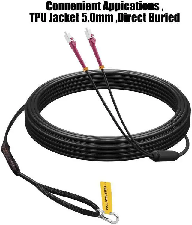 Alt view image 5 of 5 - 150M(492ft) Outdoor Armored OM4 LC to LC Fiber Patch Cable,10GB/40GB/100GB Multimode Duplex 50/125um Industrial TPU OD-5.0mm Direct Burial Fiber Black with Pulling Eye Kit Installed on one end