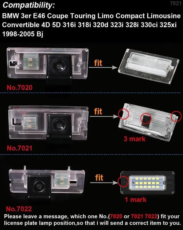 Alt view image 3 of 5 - Waterproof License Plate Rear View Backup Camera,Night Vision Reversing Camera Replacement for BMW 3er E46 316i 318d 318i 320d 320i 323i 325i 325xi 328i 330d 330i 330xd 330xi 316Ti(No.7021)