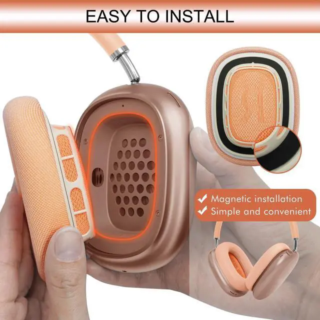 Alt view image 2 of 4 - GEVO Upgraded Ear Cushions Replacement Earpads for AirPods Max 1 & 2 Headphones, Mesh Fabric Ear Pads Ear Covers Cups with Memory Foam and Magnet for AirPods Max (Orange)