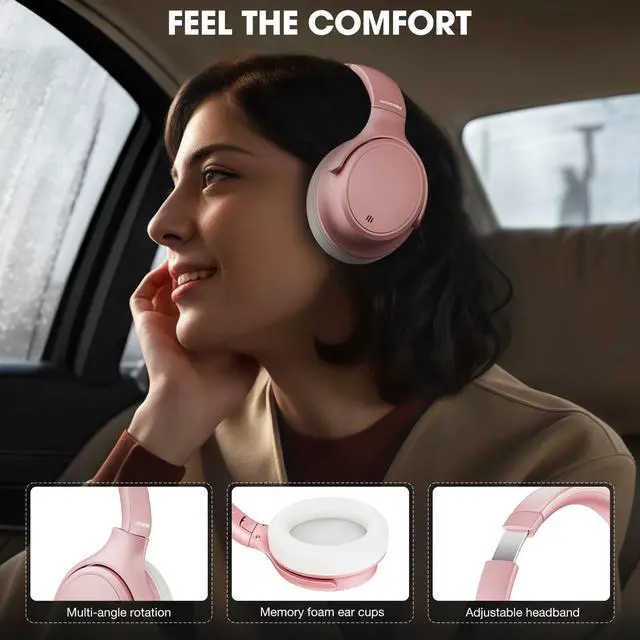 Alt view image 2 of 5 - INFURTURE H1 Plus Doubly Fed Hybrid Active Noise Cancelling Headphones with EQ ModeWireless Over Ear Bluetooth Headphones with 4 Microphone, 90H Playtime,Lightweight for Home Travel Office(Pink)