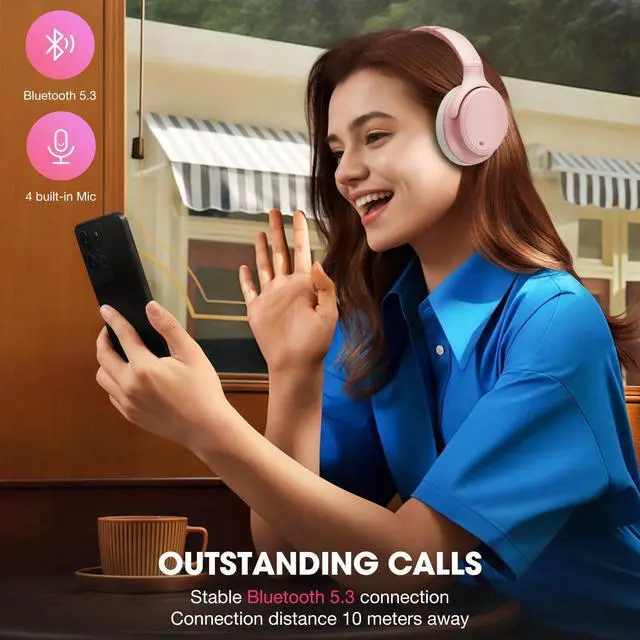 Alt view image 4 of 5 - INFURTURE H1 Plus Doubly Fed Hybrid Active Noise Cancelling Headphones with EQ ModeWireless Over Ear Bluetooth Headphones with 4 Microphone, 90H Playtime,Lightweight for Home Travel Office(Pink)