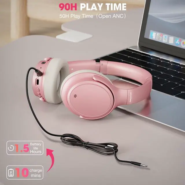 Alt view image 5 of 5 - INFURTURE H1 Plus Doubly Fed Hybrid Active Noise Cancelling Headphones with EQ ModeWireless Over Ear Bluetooth Headphones with 4 Microphone, 90H Playtime,Lightweight for Home Travel Office(Pink)