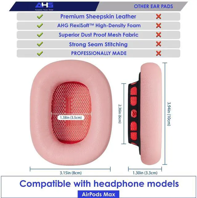 Alt view image 4 of 5 - AHG Accessory House Global Upgraded Sheepskin Leather Replacement air pods max Ear Cushions Pads Compatible with Apple AirPods Max Headphones (Pink). Easy DIY Fit ^^ High-Density Foam ^^ Strong Magnet