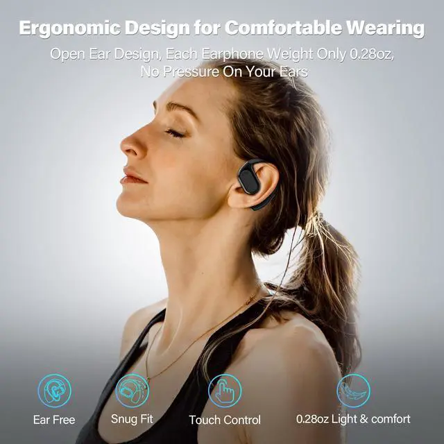 Alt view image 2 of 5 - OTRBCOY True Open Ear Headphones, Sports Earbuds with Earhooks, Air Conduction Earphones, Digital Display, 30H Play, Clear Calls, Wireless Earbuds Lightweight, Sweatproof for Running, Workout,