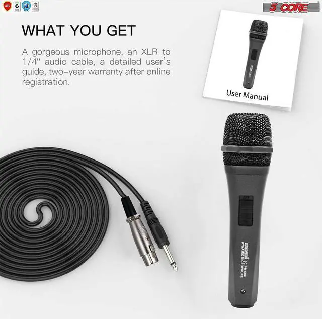 Alt view image 3 of 6 - 5 CORE Premium Vocal Dynamic Cardioid Handheld Microphone Neodymium Magnet Unidirectional Mic;  16ft Detachable XLR Deluxe Cable to ¼ Audio Jack;  On/Off Switch for Karaoke Singing PM 608