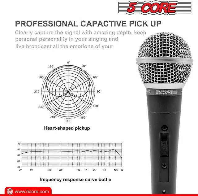 Alt view image 3 of 7 - 5 Core Premium Vocal Dynamic Cardioid Handheld Microphone Neodymium Magnet Unidirectional Mic; 16ft Detachable XLR Deluxe Cable to ¼ Audio Jack; Mic Clip; On/Off Switch for Karaoke Singing ND-58