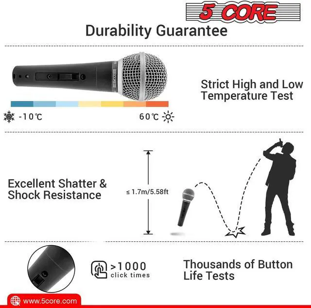 Alt view image 4 of 7 - 5 Core Premium Vocal Dynamic Cardioid Handheld Microphone Neodymium Magnet Unidirectional Mic; 16ft Detachable XLR Deluxe Cable to ¼ Audio Jack; Mic Clip; On/Off Switch for Karaoke Singing ND-58