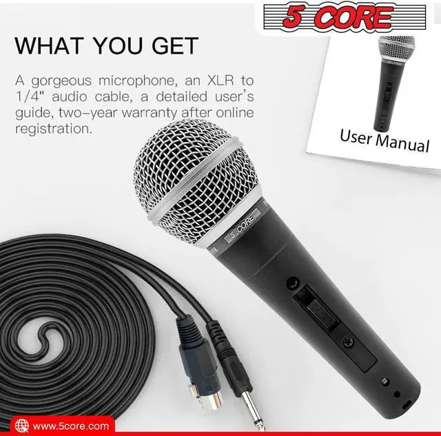 Alt view image 7 of 7 - 5 Core Premium Vocal Dynamic Cardioid Handheld Microphone Neodymium Magnet Unidirectional Mic; 16ft Detachable XLR Deluxe Cable to ¼ Audio Jack; Mic Clip; On/Off Switch for Karaoke Singing ND-58