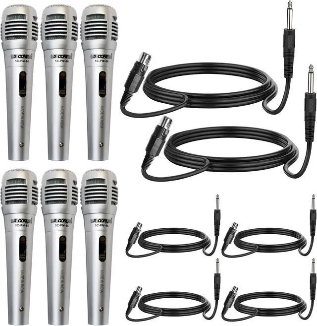 Main image of 5 CORE 6 Pieces Vocal Dynamic Cardioid Handheld Microphone Unidirectional Mic with 2 X 5ft Detachable XLR Cable to ¼ inch Audio Jack and On/Off Switch for Karaoke Singing (Silver) PM -66k 3 pair