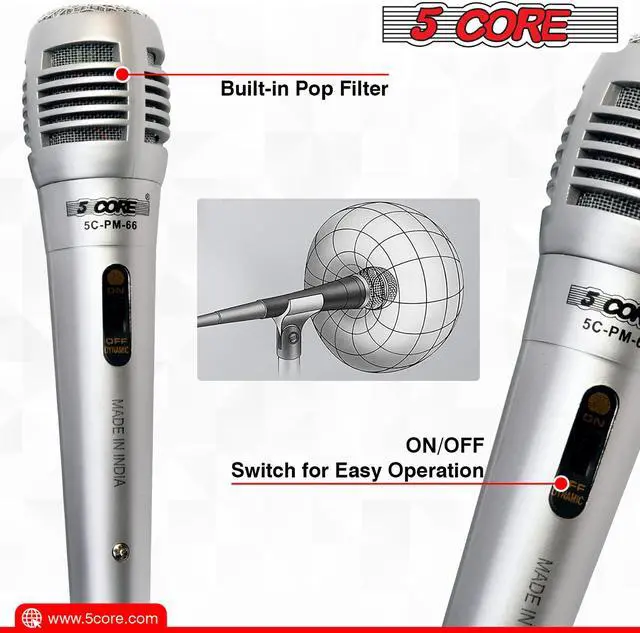 Alt view image 5 of 7 - 5 CORE 6 Pieces Vocal Dynamic Cardioid Handheld Microphone Unidirectional Mic with 2 X 5ft Detachable XLR Cable to ¼ inch Audio Jack and On/Off Switch for Karaoke Singing (Silver) PM -66k 3 pair