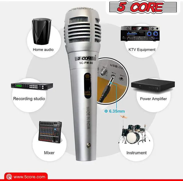 Alt view image 4 of 7 - 5 CORE 6 Pieces Vocal Dynamic Cardioid Handheld Microphone Unidirectional Mic with 2 X 5ft Detachable XLR Cable to ¼ inch Audio Jack and On/Off Switch for Karaoke Singing (Silver) PM -66k 3 pair