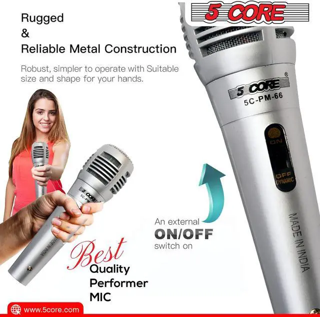 Alt view image 7 of 7 - 5 CORE 6 Pieces Vocal Dynamic Cardioid Handheld Microphone Unidirectional Mic with 2 X 5ft Detachable XLR Cable to ¼ inch Audio Jack and On/Off Switch for Karaoke Singing (Silver) PM -66k 3 pair