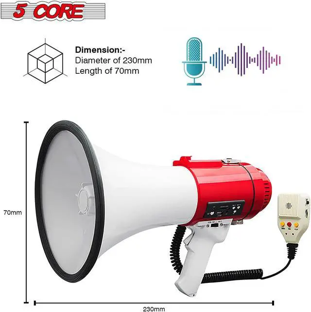 Alt view image 6 of 7 - 5Core Megaphone Speakers Pro Bullhorn Handheld Police Siren Voice Recording 77SF