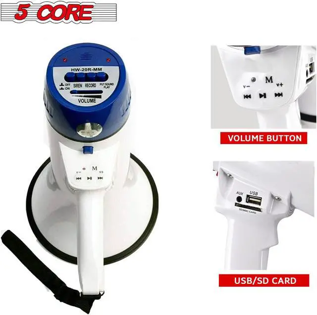 Alt view image 6 of 7 - 5Core Megaphone Handheld Bullhorn Cheer Loudspeaker Bull Horn Speaker Megaphono Siren Sling Strap Portable 20R-USB WOB
