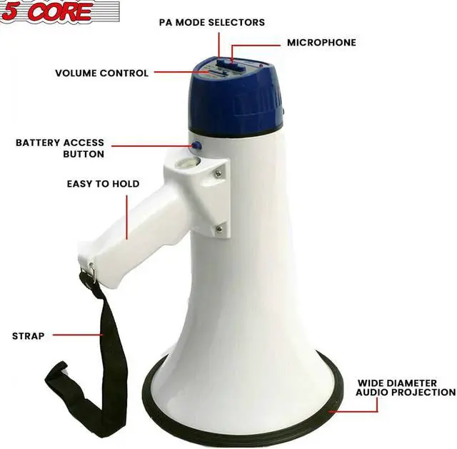 Alt view image 4 of 7 - 5Core Megaphone Handheld Bullhorn Cheer Loudspeaker Bull Horn Speaker Megaphono Siren Sling Strap Portable 20R WoB