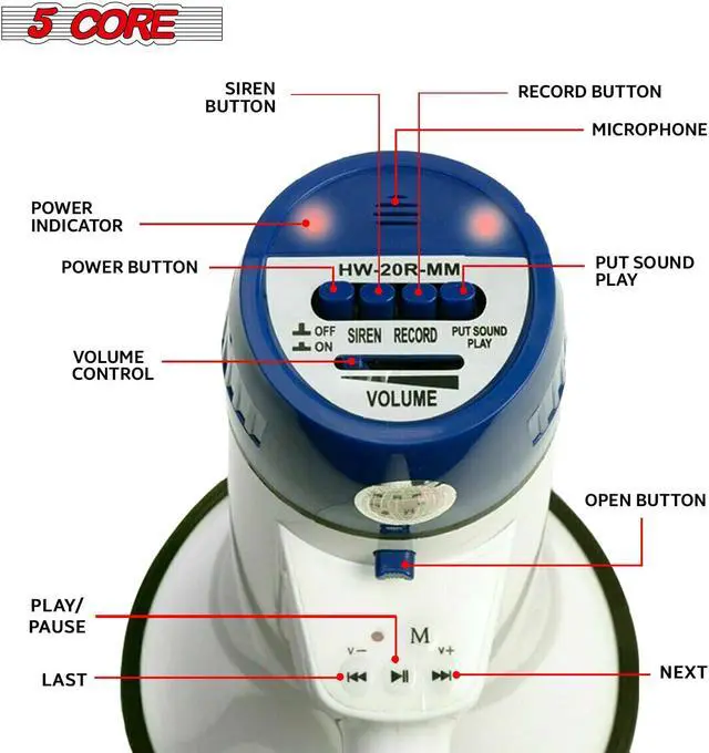 Alt view image 5 of 7 - 5Core Megaphone Handheld Bullhorn Cheer Loudspeaker Bull Horn Speaker Megaphono Siren Sling Strap Portable 20R WoB