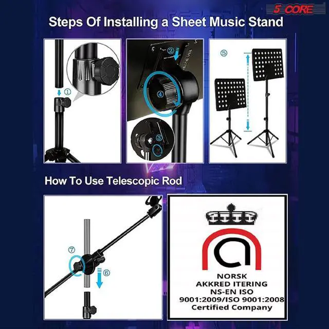Alt view image 7 of 7 - 5 Core Sheet Music Stand With Mic Stand Holder - 3 IN 1 Professional Portable Music Stand with Folding Tray;  Detachable Microphone Stand Dual-Use for Sheet Music & Projector Stand MUS MH