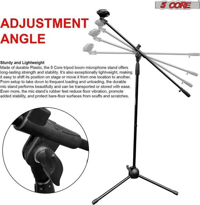Alt view image 3 of 7 - 5 Core Foldable Tripod Microphone Stand - Universal Mic Mount and Height Adjustable from 36 to 65 Inch High w/ Extending Telescoping Boom Arm Up to 30" - Knob Tension Lock Mechanism w/ Mic Clip MS 080