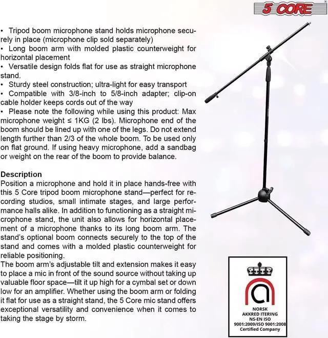 Alt view image 2 of 7 - 5 Core Foldable Tripod Microphone Stand - Universal Mic Mount and Height Adjustable from 36 to 65 Inch High w/ Extending Telescoping Boom Arm Up to 30" - Knob Tension Lock Mechanism w/ Mic Clip MS 080