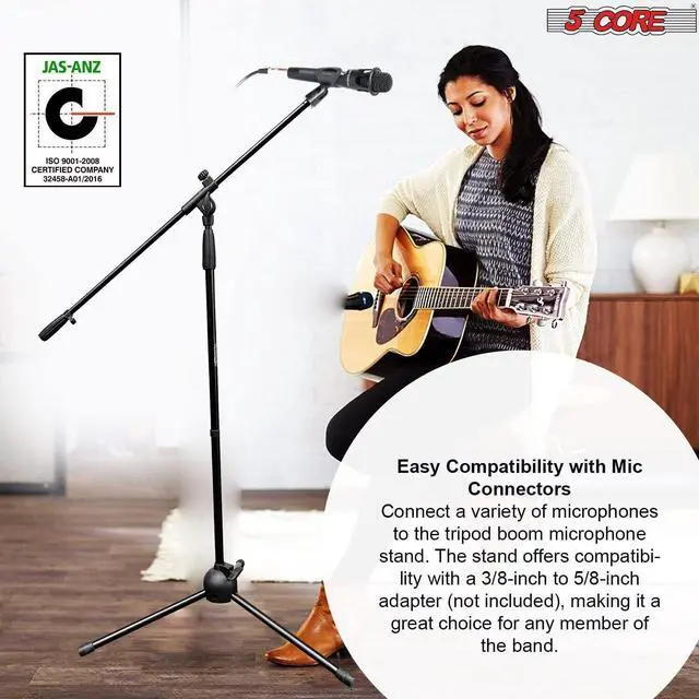 Alt view image 7 of 7 - 5 Core Foldable Tripod Microphone Stand - Universal Mic Mount and Height Adjustable from 36 to 65 Inch High w/ Extending Telescoping Boom Arm Up to 30" - Knob Tension Lock Mechanism w/ Mic Clip MS 080