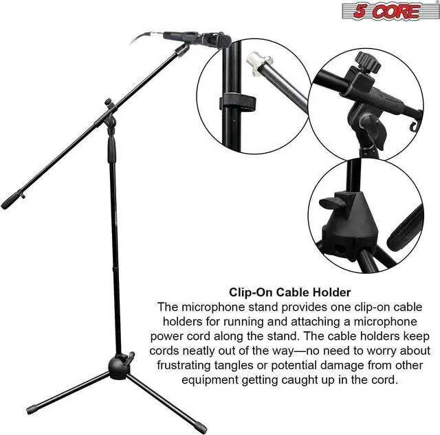 Alt view image 4 of 7 - 5 Core Foldable Tripod Microphone Stand - Universal Mic Mount and Height Adjustable from 36 to 65 Inch High w/ Extending Telescoping Boom Arm Up to 30" - Knob Tension Lock Mechanism w/ Mic Clip MS 080